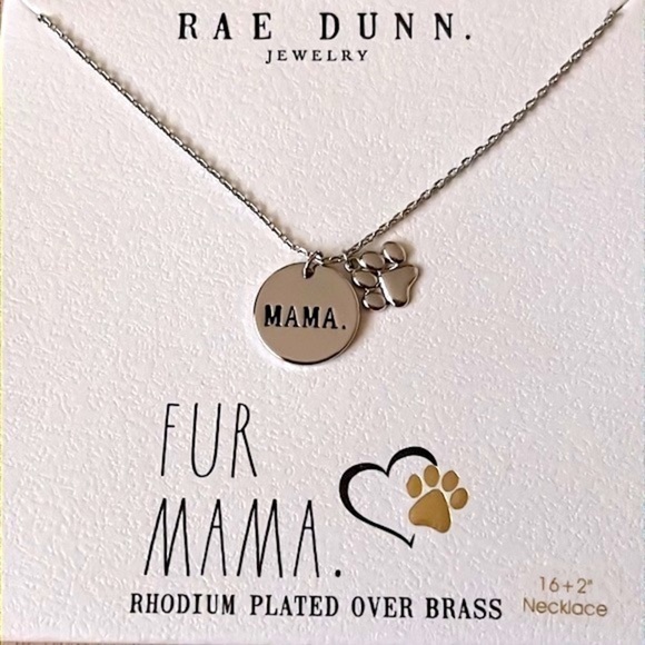 Brand New Rae Dunn Fur Mama Rhodium Plated Over Brass Necklace Dog Cat Lover Paw - Picture 3 of 12